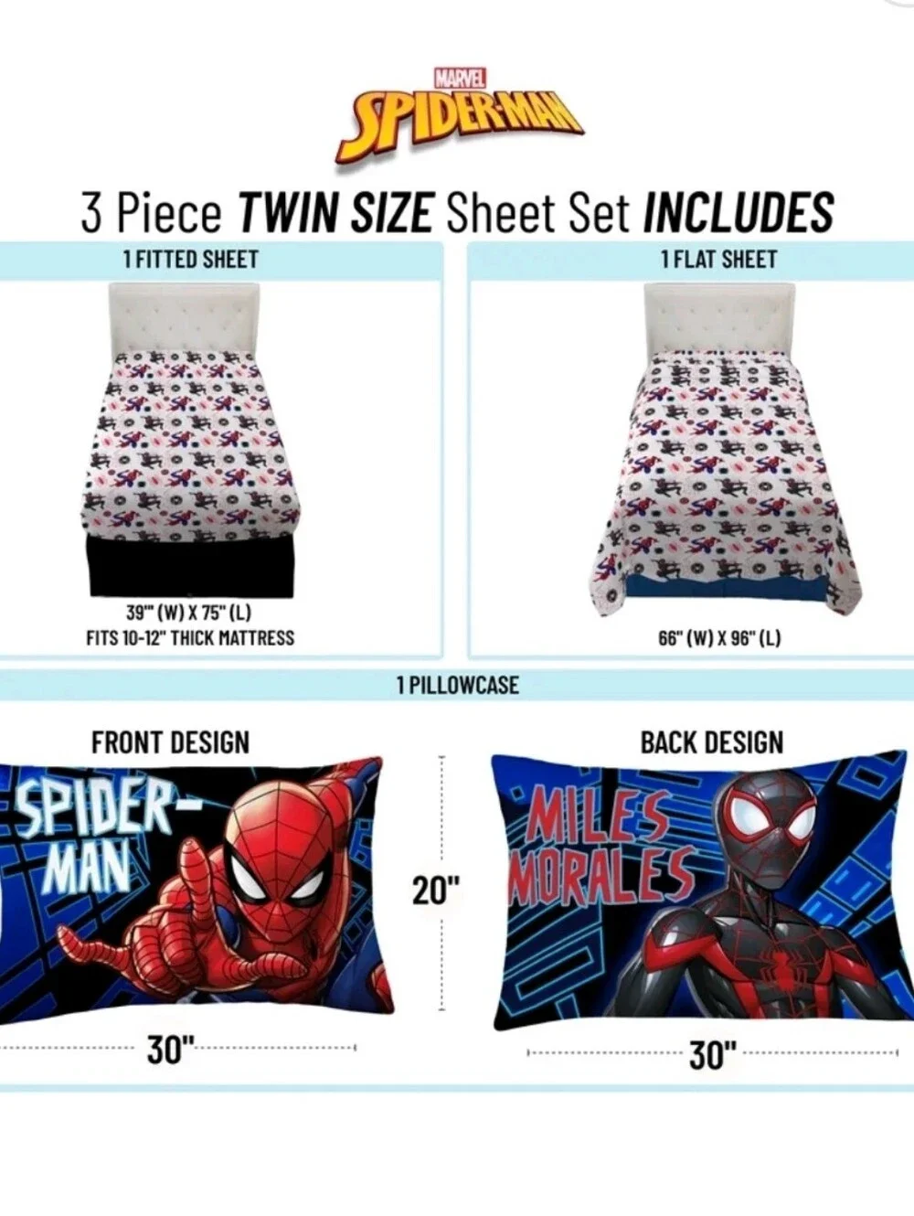 Spider-Man Kids 3-Piece Twin Sheet Set, Microfiber, White, Marvel